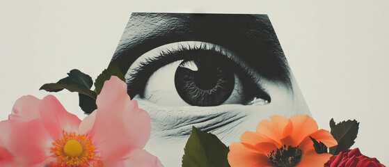 Poster - Minimalist collage blending geometric shapes and floral elements with a close-up of a statue's eye