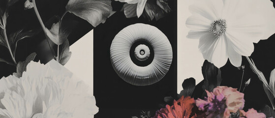 Poster - Minimalist collage featuring a seashell, geometric shapes, and florals on a white background