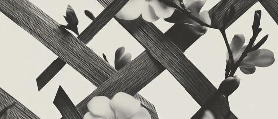 Poster - Minimalist collage of woven straw textures and floral elements on a white background