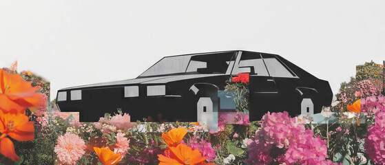 Poster - Minimalist collage featuring geometric shapes and flowers with a pixelated car