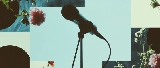 Poster - Minimalist collage featuring geometric shapes and flowers with a boom microphone overhead
