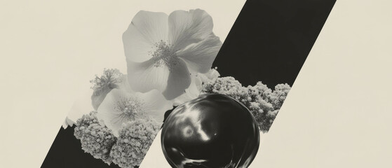 Poster - Collage of liquid metal and flowers on a minimalist white background with geometric shapes