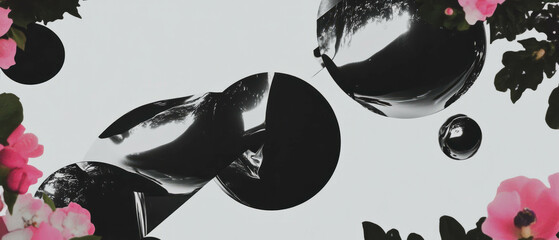 Poster - Minimalist collage blending geometric shapes and liquid metal with floral accents
