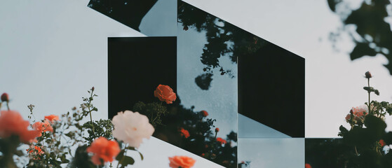 Aufkleber - Minimalist collage of liquid metal and flowers in abstract shapes on a white background