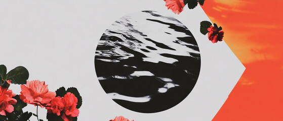 Aufkleber - Minimalist collage featuring geometric shapes and flowers with distorted water reflection