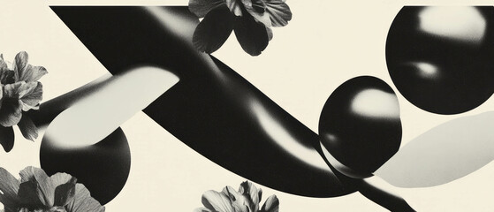 Poster - Minimalist collage of liquid metal and floral geometric shapes in motion