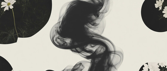 Aufkleber - Minimalist collage featuring swirling smoke and floral geometric elements in black and white