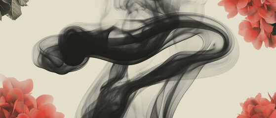 Poster - Minimalist collage featuring geometric shapes and swirling smoke patterns with floral accents