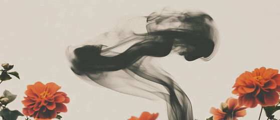 Poster - Minimalist collage combining flowers and swirling smoke in an abstract composition