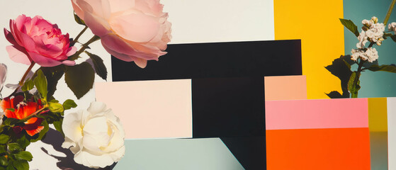 Poster - Collage of geometric shapes and floral elements with pastel color arrangement