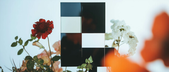 Poster - Minimalist collage featuring geometric shapes and flowers with pastels arranged from above