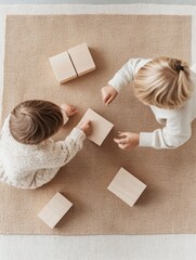 Aufkleber - Biophilic Educational Play Natural Wooden Blocks on Jute Mat - Interactive Learning and Family Engagement for Sustainable Kids Development and Innovative Early Childhood Education