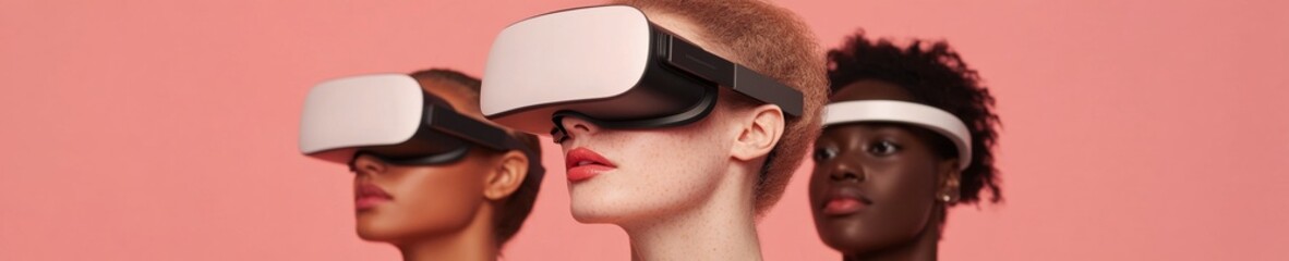 Poster - Immersive VR Exploration Diverse Group in Lightweight Headsets Against Minimalist Coral Backdrop - Futuristic Travel-Tech and Interactive Experience Marketing