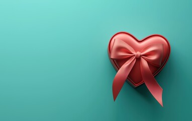 Wall Mural - heart-shaped gift box with a satin bow, placed on a turquoise gradient background. Valentines Day and 8 March theme