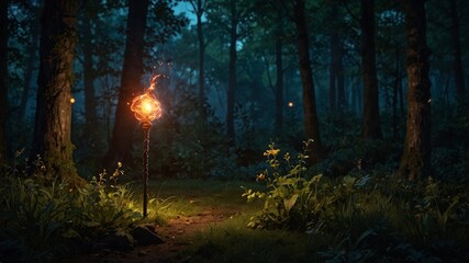Poster - Mysterious forest path illuminated by glowing torch during twilight hours