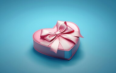 Wall Mural - heart-shaped gift box with a satin bow, placed on a electric blue gradient background. Valentines Day and 8 March theme