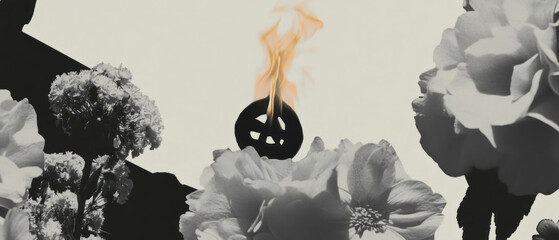 Poster - Minimalist collage featuring a mystical burning symbol surrounded by floral elements