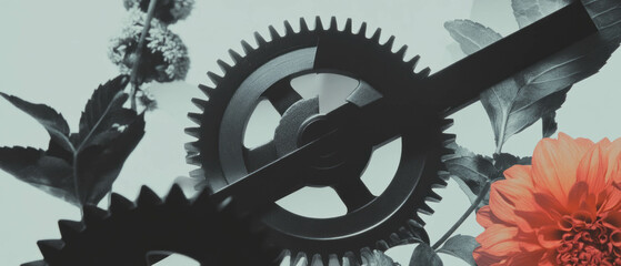 Poster - Minimalist collage of gears and flowers portraying harmony in motion on a white background