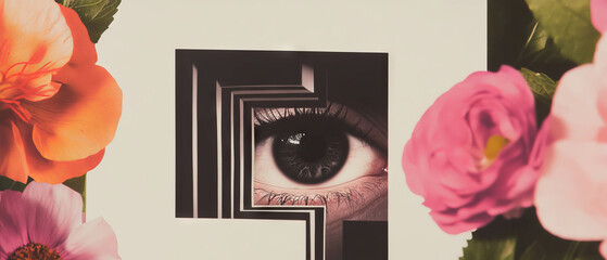Aufkleber - Exploring perception through geometric patterns and floral elements in a minimalist collage