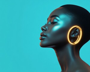 Poster - Futuristic AI Beauty Portrait Vibrant Gold Circuitry on Near-Porcelain Surface, Sleek Minimalist Style for Cutting-Edge Tech Branding and Commercial Innovation