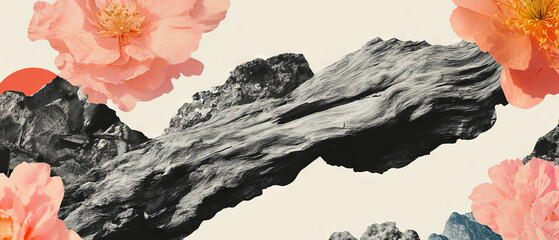 Poster - Minimalist collage blending geometric shapes with textured bark and floral elements