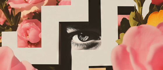 Poster - Exploring the maze of thought through a striking eye and floral collage