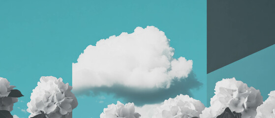 Poster - Geometric shapes blend with flowers and clouds in a minimalist collage artwork