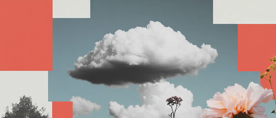 Fototapete - Minimalist collage featuring cloud formation amidst geometric shapes and floral elements