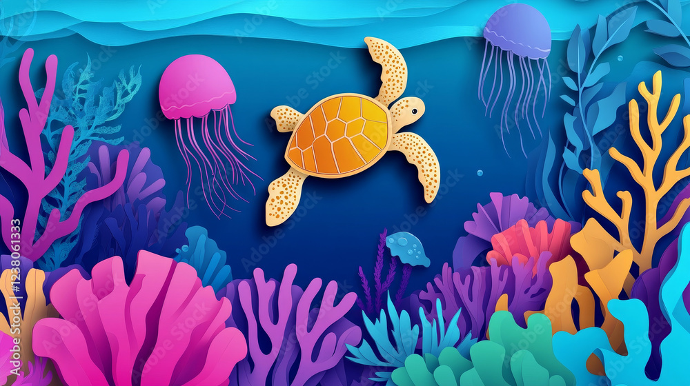 Landing page cartoon sea turtle, jellyfish and tropical fish shoal on ...