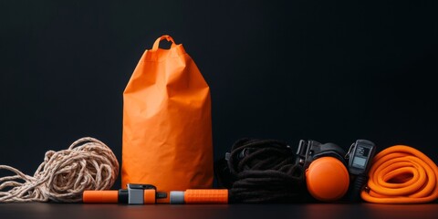 Fototapete - Crisis-Ready Gear Display Tactical Equipment and Medical Supplies in Modern Orange Aesthetic - Emergency Response Optimization and Safety Preparedness for First Responders