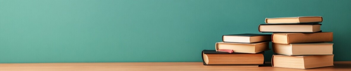 Aufkleber - Minimalist Educational Display Stack of Hardcover Books on Wood Surface Against Teal Chalkboard - Modern Learning Environment and Study Space Styling for Educational Content Creators