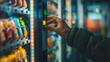 © retrostudio - Close up hand of man pushing button on vending machine for choosing a snack or drink