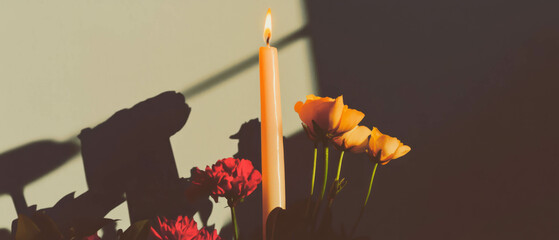 Poster - Elegant minimalist collage of candlelight and floral elements on a white background