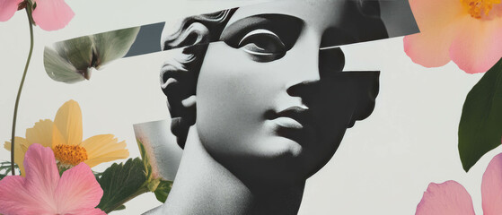 Aufkleber - Minimalist collage of a statue's face blending geometric shapes and floral elements