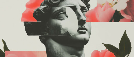 Poster - Minimalist collage of overlapping statue features surrounded by floral geometric shapes