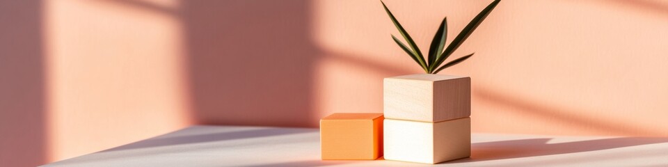 Poster - Minimalist Wooden Play Blocks Display Soft Peach and Natural Tones on Pastel Surface Early Childhood Development Tools and Tactile Learning for Modern Preschools