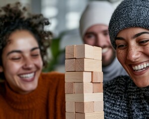 Aufkleber - Inclusive Team Building Multicultural Office Group Engages in Wooden Block Challenge - Enhancing Workplace Synergy and Sustainable Business Practices in Modern Corporate Settings