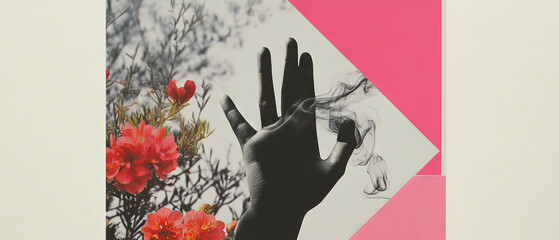 Poster - Minimalist collage with geometric shapes and a hand reaching for smoke