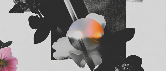 Poster - Minimalist collage featuring geometric shapes and floral elements with a lens flare effect