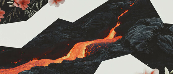 Poster - Minimalist collage blending flowing lava and floral elements in a geometric composition