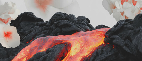 Poster - Collage of flowing lava with glowing cracks and floral elements on a minimalist background