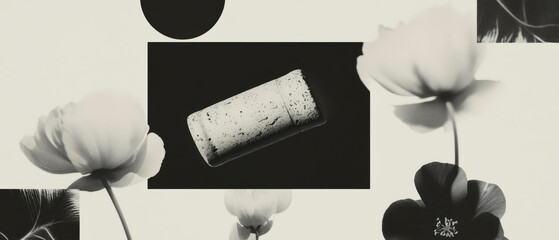 Aufkleber - Minimalist collage featuring a champagne cork surrounded by flowers and geometric shapes