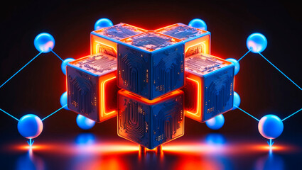 Poster - An abstract futuristic, abstract technology 3D cubes structure, with intricate circuit patterns on their surfaces