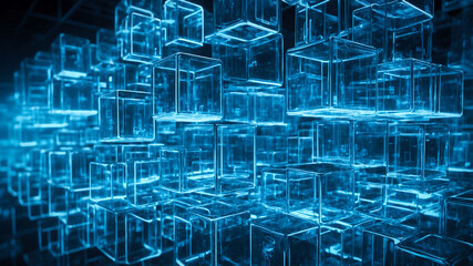 Poster - a series of floating, three-dimensional transparent glass cubes arranged in a dynamic layout, each c