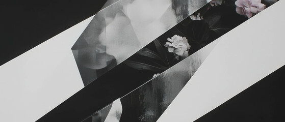Poster - Minimalist collage featuring geometric shapes and textured glass with floral elements