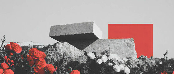 Aufkleber - Collage highlights the fragility of structures with flowers and geometric forms