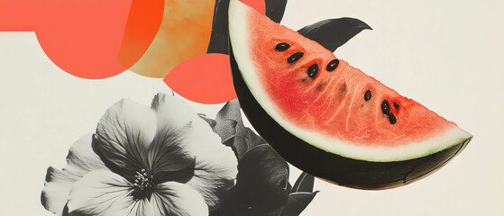 Poster - Minimalist collage featuring a black-and-white watermelon slice with geometric shapes and flowers