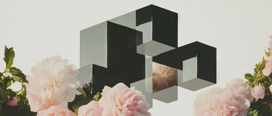 Poster - Minimalist collage featuring geometric cubes and floral elements on a white background