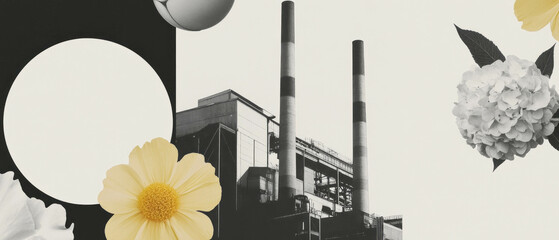 Aufkleber - Minimalist collage merging geometric shapes with industrial factory elements and floral accents