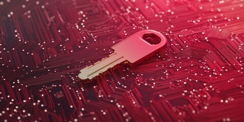 Leinwandbilder - Red Metallic Circuitry Aesthetic Holographic Key on Chipboard - Cutting-edge Cybersecurity Visualization for Data Protection and Tech-driven Business Solutions